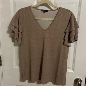 Brown Ruffle Sleeve V-Neck Top